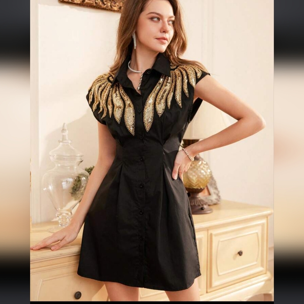 Black and Sequin Button Down Dress NWT